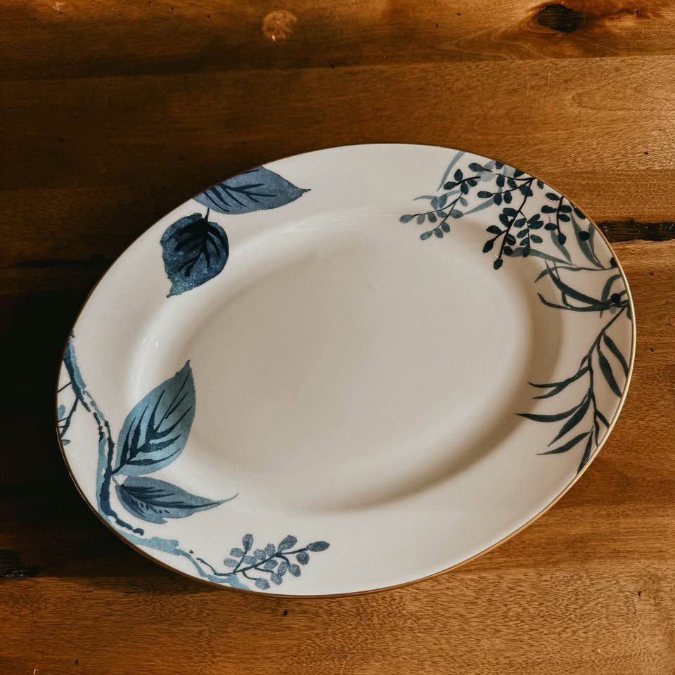 Lenox "Birch Way Indigo" Oval Porcelain Vintage Serving Platter - Blue Leaves & Gold Rim