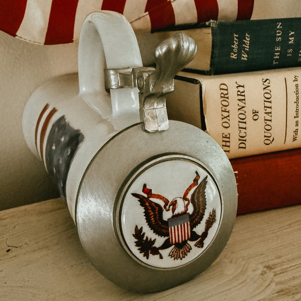 ALWE Original West Germany Ceramic Beer Stein with Pewter Lid - Patriotic American Flag Art