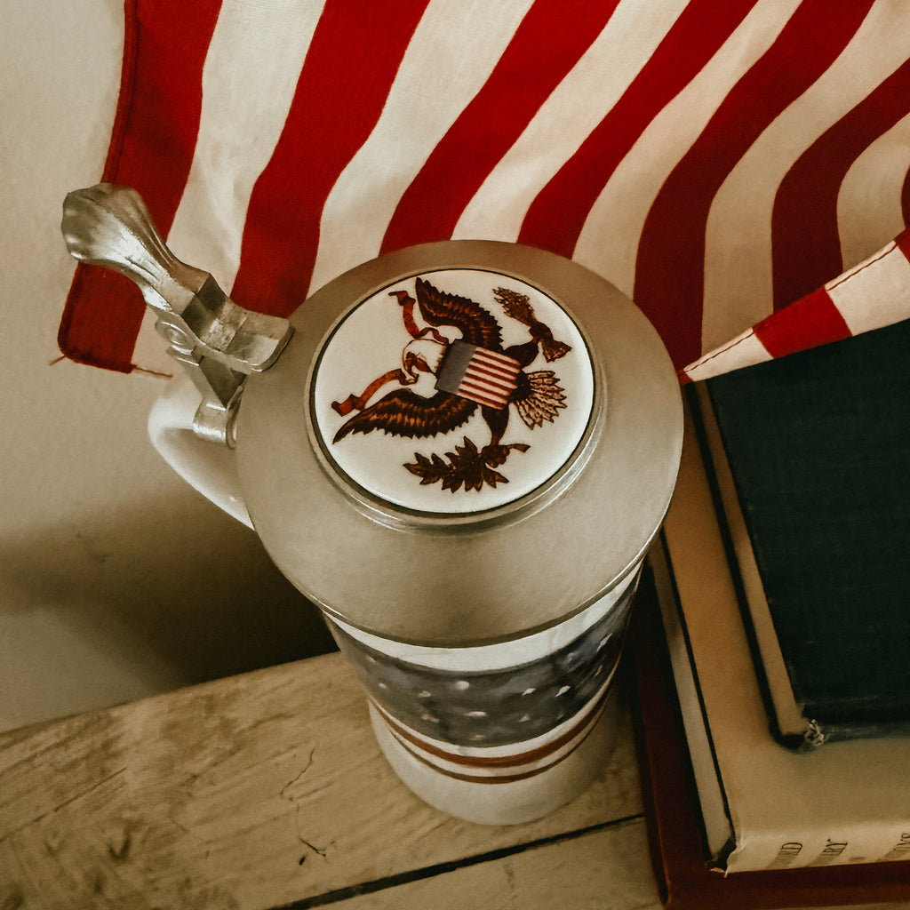 ALWE Original West Germany Ceramic Beer Stein with Pewter Lid - Patriotic American Flag Art