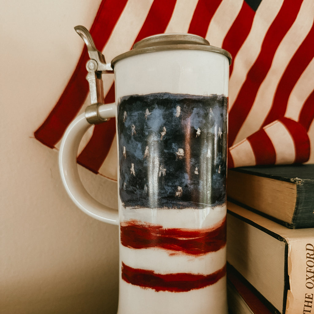 ALWE Original West Germany Ceramic Beer Stein with Pewter Lid - Patriotic American Flag Art